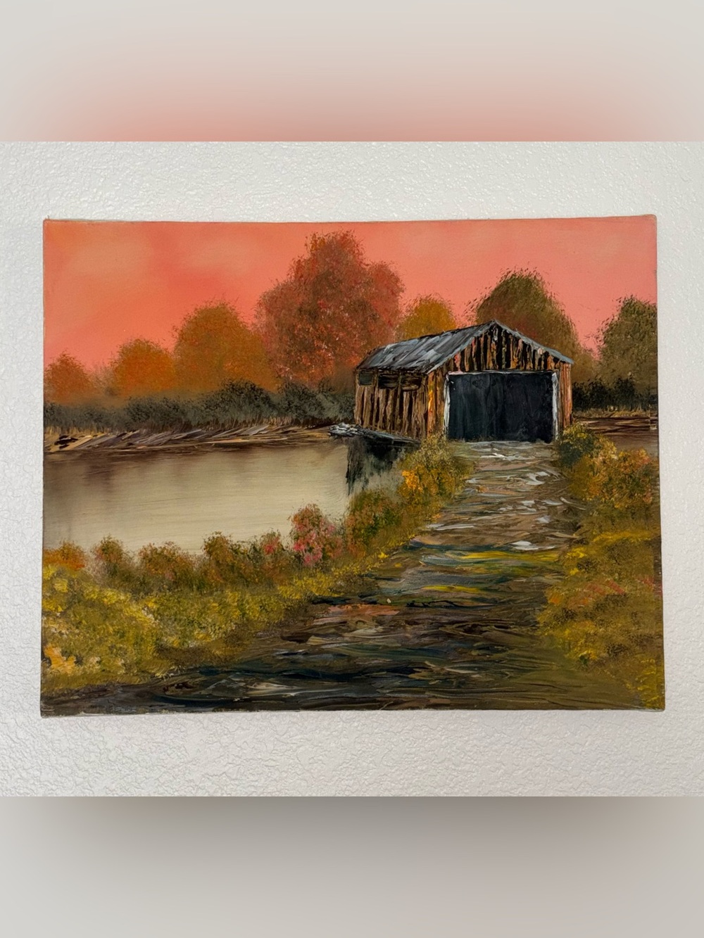 Original Autumn Landscape Painting Rustic Barn Lake Impressionist Wall Art